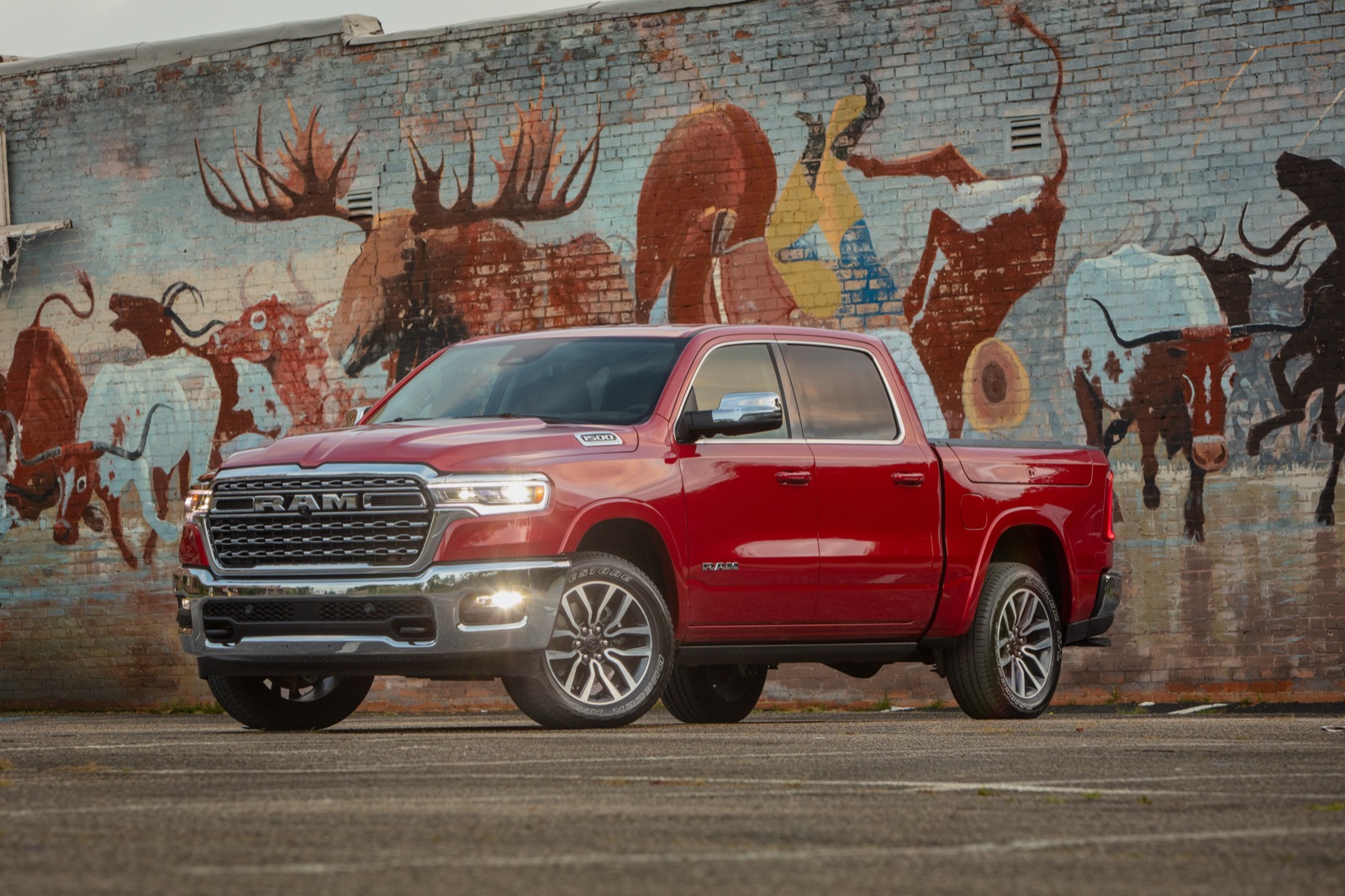 2025 Ram 1500 parked in front of a painted mural.